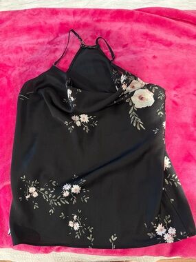 Dynamite Black Floral-Trim Satin Cami